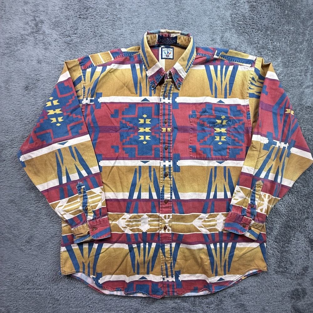 Vintage Southwestern Tribal Button Down Shirt Mareh Mens XL 100% Cotton Relaxed